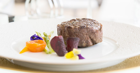 Image showing minimalistic dish steak with vegetables