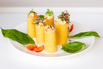 Image showing appetizer - cheese rolls with meat and vegetables