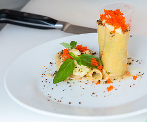 Image showing appetizer - cheese rolls with meat and vegetables