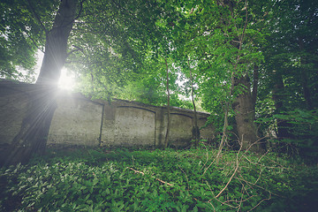 Image showing Long weathered brick wall