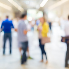 Image showing Abstract blurred people socializing during coffee break at business conference.