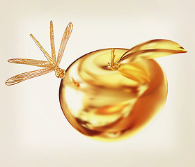 Image showing Dragonfly on gold apple. 3D illustration. Vintage style.