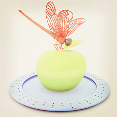 Image showing Dragonfly on apple on Serving dome or Cloche. Natural eating con