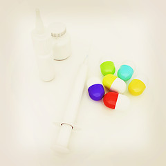 Image showing Syringe, tablet, pill jar. 3D illustration. 3D illustration. Vin