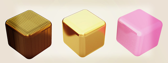 Image showing set of all metal cubes of gold, black gold, pink plastic. 3D ill