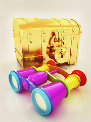 Image showing binoculars and chest. 3D illustration. Vintage style.