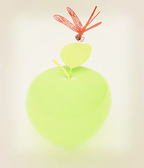 Image showing Dragonfly on apple. 3D illustration. Vintage style.