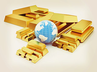 Image showing Earth and gold bars. 3D illustration. Vintage style.