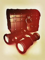 Image showing binoculars and chest. 3D illustration. Vintage style.