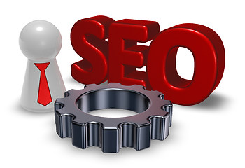 Image showing seo tag, gear wheel and pawn with tie - 3d illustration