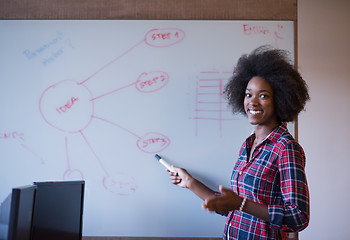 Image showing African American woman writing on a chalkboard in a modern offic