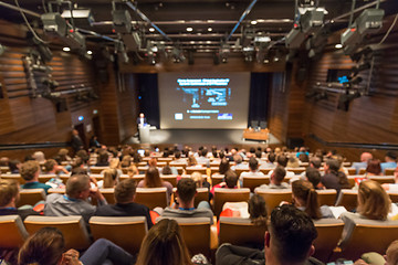 Image showing Business speaker giving a talk in conference hall.