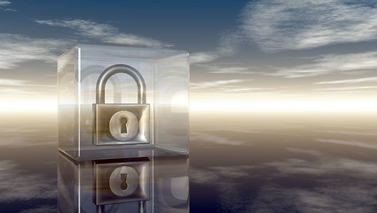 Image showing padlock in glass cube under cloudy sky - 3d illustration