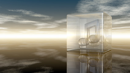 Image showing music note in glass cube under cloudy sky - 3d rendering