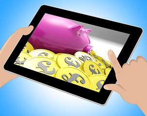 Image showing Piggybank Surrounded In Coins Shows Britain Finances Tablet