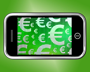 Image showing Euro Symbols On Mobile Screen Showing Money And Investment