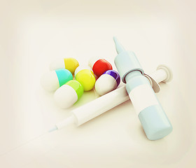 Image showing Syringe, tablet, pill jar. 3D illustration. 3D illustration. Vin