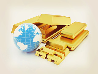 Image showing Earth and gold bars. 3D illustration. Vintage style.