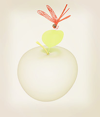 Image showing Dragonfly on apple. 3D illustration. Vintage style.