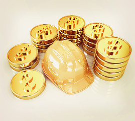 Image showing gold coin ctack around hard hat on a white background . 3D illus