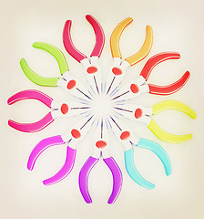 Image showing colorful pliers to work. 3D illustration. Vintage style.