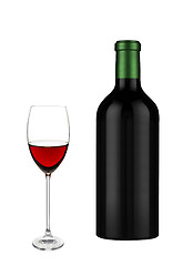 Image showing Glass of red wine and a bottle