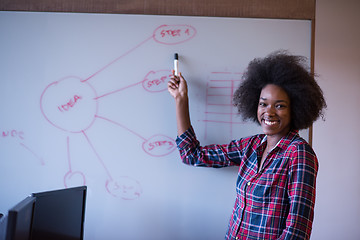 Image showing African American woman writing on a chalkboard in a modern offic