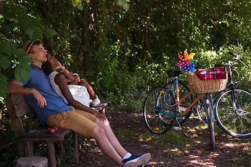 Image showing Young multiethnic couple having a bike ride in nature