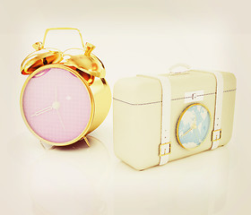 Image showing Suitcases for travel and clock. 3D illustration. Vintage style.