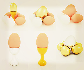 Image showing Eggs, gold easter egg and egg cups. Easter set. 3D illustration.