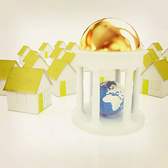 Image showing Earth in rotunda and houses . 3D illustration. Vintage style.