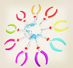 Image showing Colorful pliers to work and earth. Global tools concept. 3D illu