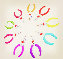 Image showing colorful pliers to work. 3D illustration. Vintage style.