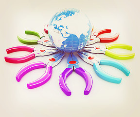 Image showing Colorful pliers to work and earth. Global tools concept. 3D illu