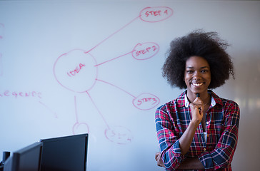 Image showing African American woman writing on a chalkboard in a modern offic