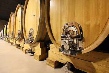 Image showing wine barrels in a wine cellar