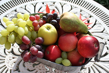 Image showing Apples,pears and grapes in basket outdoors