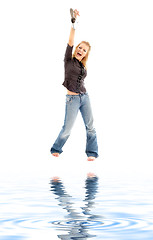 Image showing screaming blond with shoe on white sand