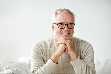 Image showing smiling senior man in glasses sitting on sofa