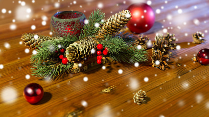 Image showing christmas fir branch decoration and candle lantern