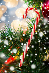 Image showing close up of sugar cane candy on christmas tree