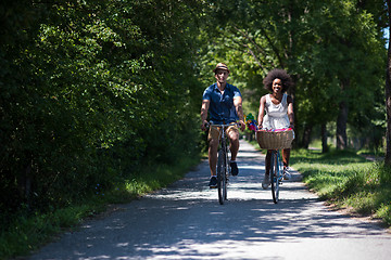 Image showing Young multiethnic couple having a bike ride in nature