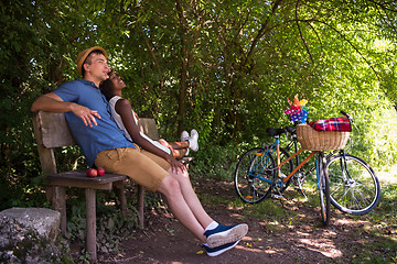 Image showing Young multiethnic couple having a bike ride in nature