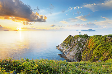 Image showing Hong Kong lighthouse during sunrise