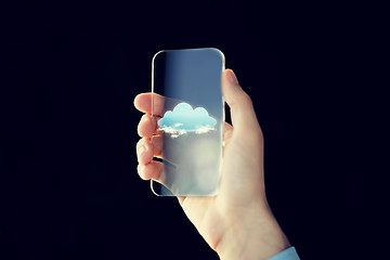 Image showing close up of male hand with transparent smartphone