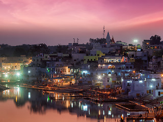 Image showing Sacred Puskhar lake and ghats of town Pushkar in night