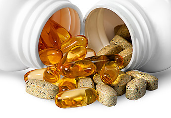 Image showing Vitamins and fish oil capsules together