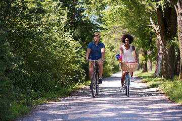 Image showing Young multiethnic couple having a bike ride in nature