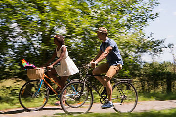 Image showing Young multiethnic couple having a bike ride in nature