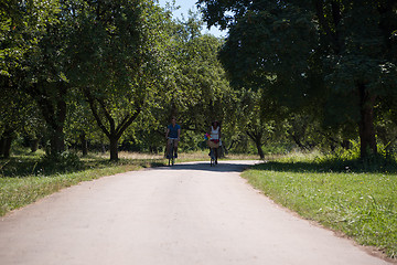 Image showing Young multiethnic couple having a bike ride in nature